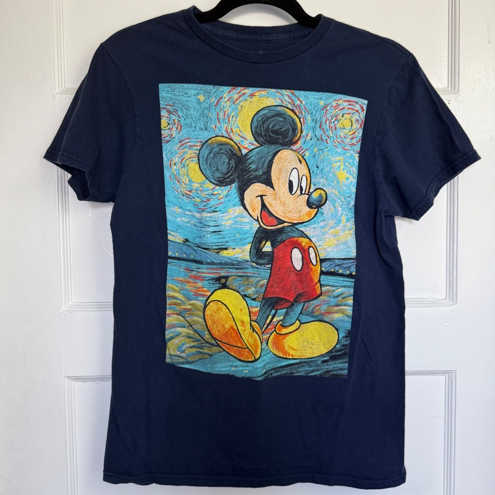 Disney Mickey Mouse Starry Night Van Gogh Graphic T-Shirt Navy Blue Small